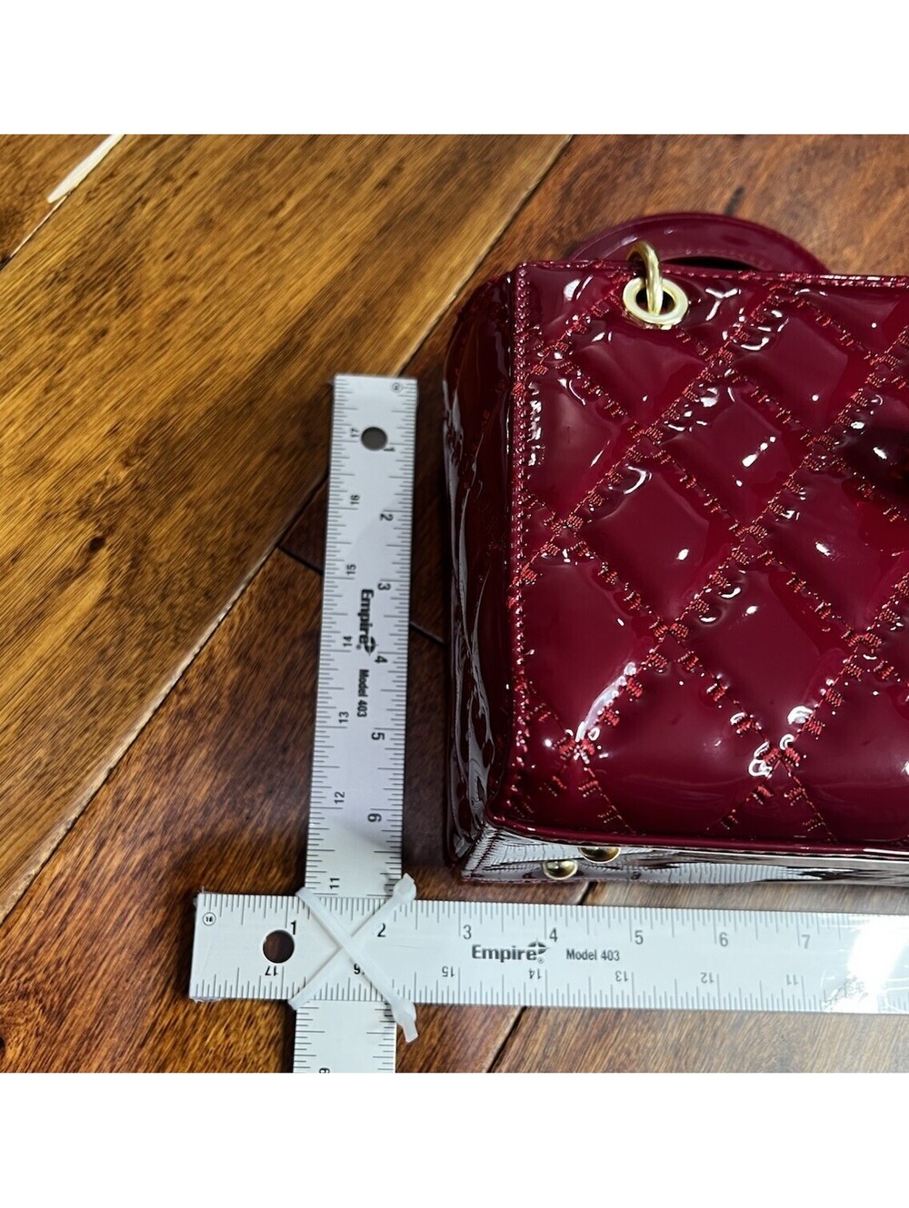 Deep Red Patent Quilted Top Handle Bag Cherry Bag Charm Lady Style Mini Purse - Picture 7 of 7